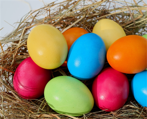 Das Bild zeigt bunte Eier in einem Nest.