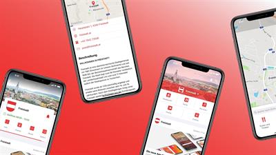 Das Bild zeigt vier Handy, die gerade die App nutzen, auf einem roten Hintergrund.